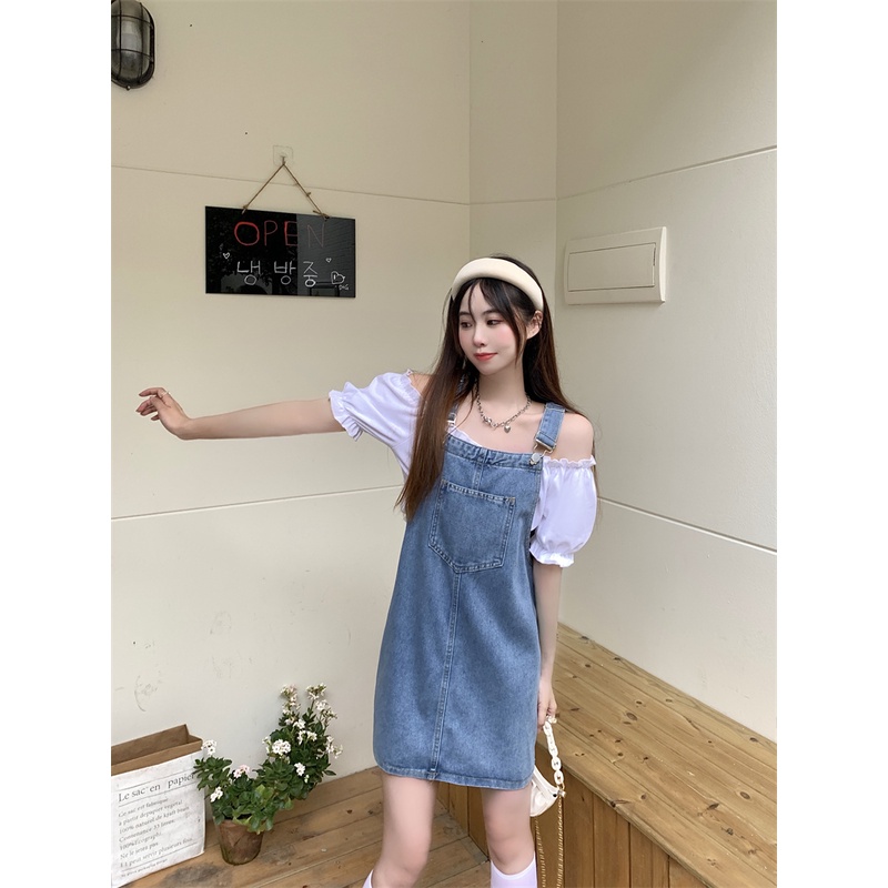 Đầm Yếm denim Dáng Rộng Lưng Cao Phong Cách Hàn Quốc Thời Trang Cho Nữ
