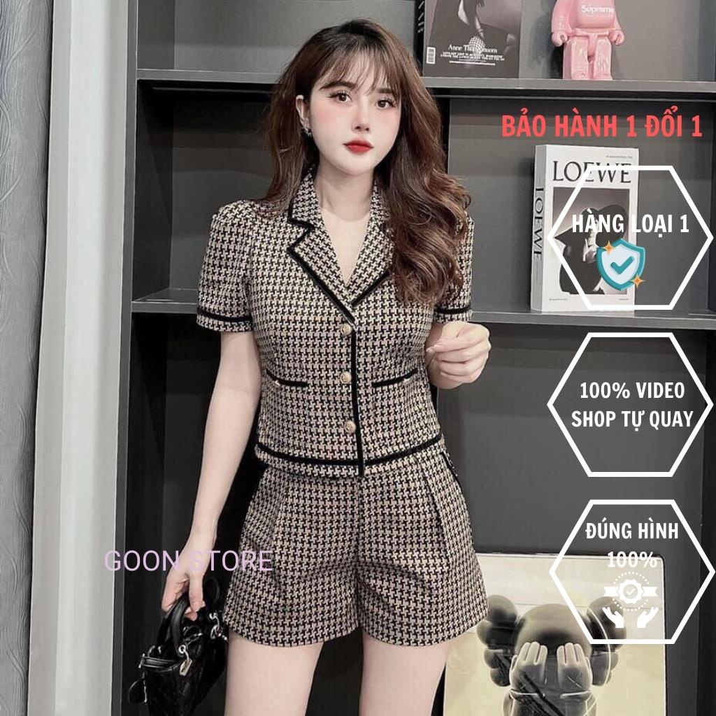 Set đồ nữ thiết kế viền nhung áo cổ vest họa tiết sang chảnh đi chơi du lịch