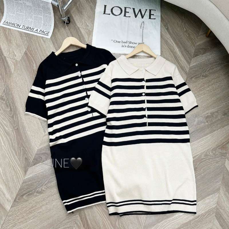 Váy nữ, Đầm len kẻ polo dáng suông nữ, tay lỡ, bổ khuy ngực, chất bao đẹp hàng Quảng Châu loại 1