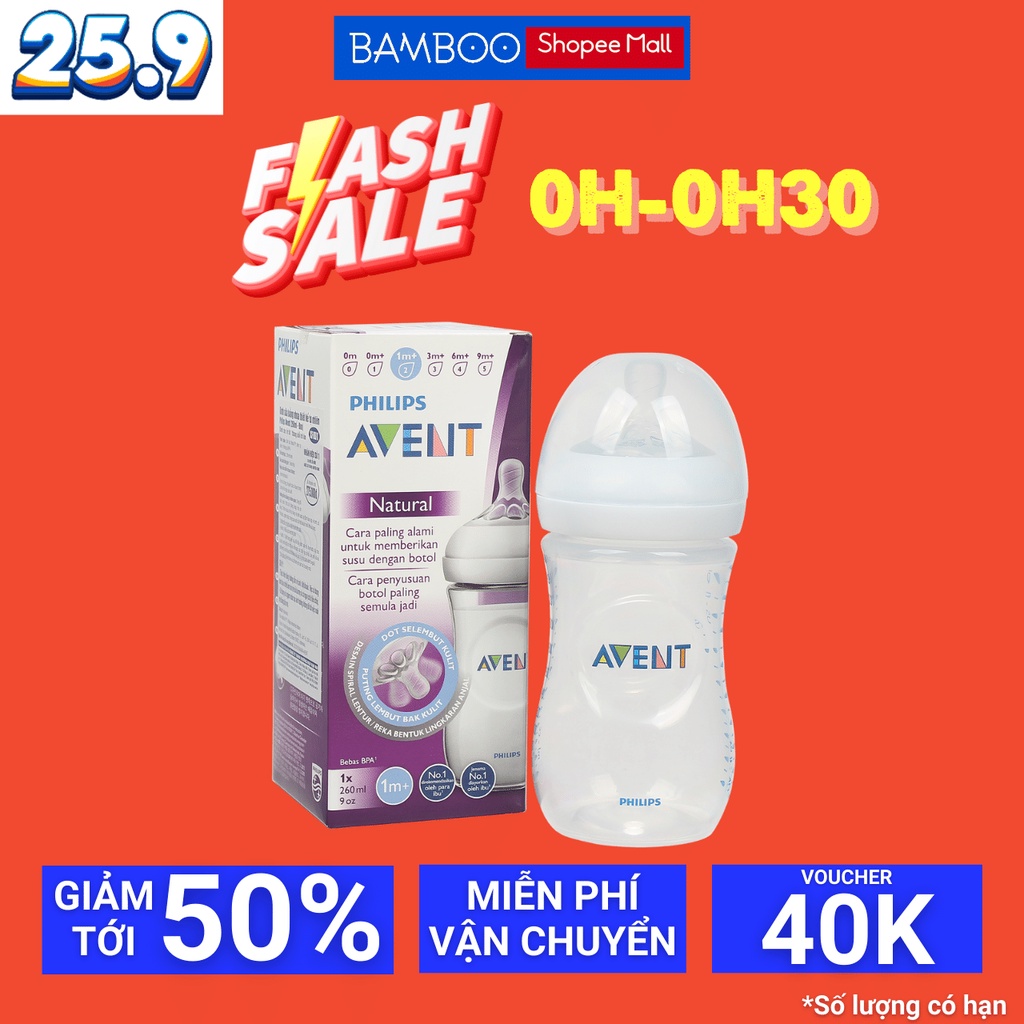 Bình sữa Philips Avent Natural 60ml/125ml/260ml/330ml bằng nhựa, không có BPA. Hỗ trợ đổi size núm