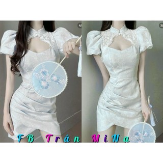 Đầm gấm cổ tàu phối ren tay phồng