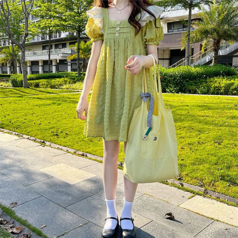 Đầm babydoll Đầm Dáng Chữ a Tay Bay Phối Ren Họa Tiết Hoa Cúc Màu Xanh Lá Ngọt Ngào Thời Trang Mùa Hè Cho Nữ