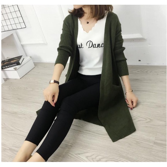 Áo len nữ Hàn Quốc -  Áo khoác len dáng dài có túi ống tay bo cao hàng Quảng Châu - Danangsale