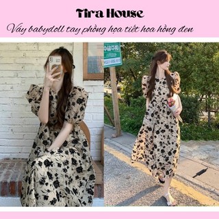 Đầm dài cổ tròn tay phồng bo chun eo form rộng, Váy babydoll tay phồng họa tiết hoa hồng đen VTP289 - Tirahouse