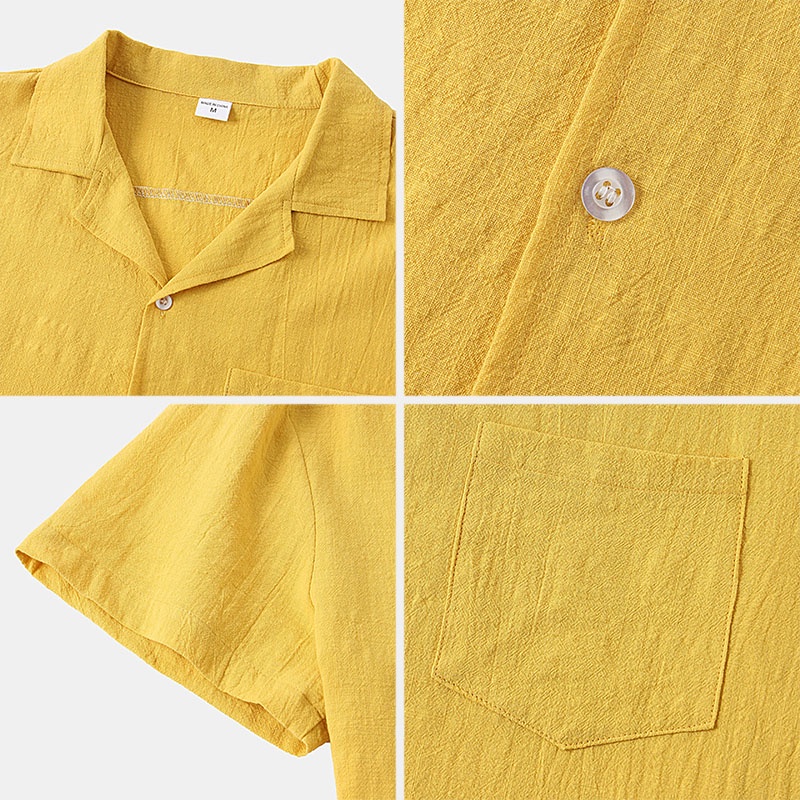 Áo Sơ Mi Polo Vải Lanh cotton Trơn Cổ Bẻ Cài Nút Có Túi Màu Trắng / Đen / Vàng / Xanh Lá Quân Đội Thời Trang Mới 2022 Cho Nam