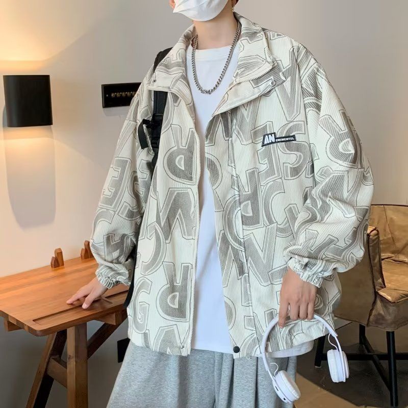 Áo Khoác Nhung Kẻ Dáng Rộng In Chữ Phong Cách Thời Trang Hàn Quốc Cho Nam Giới