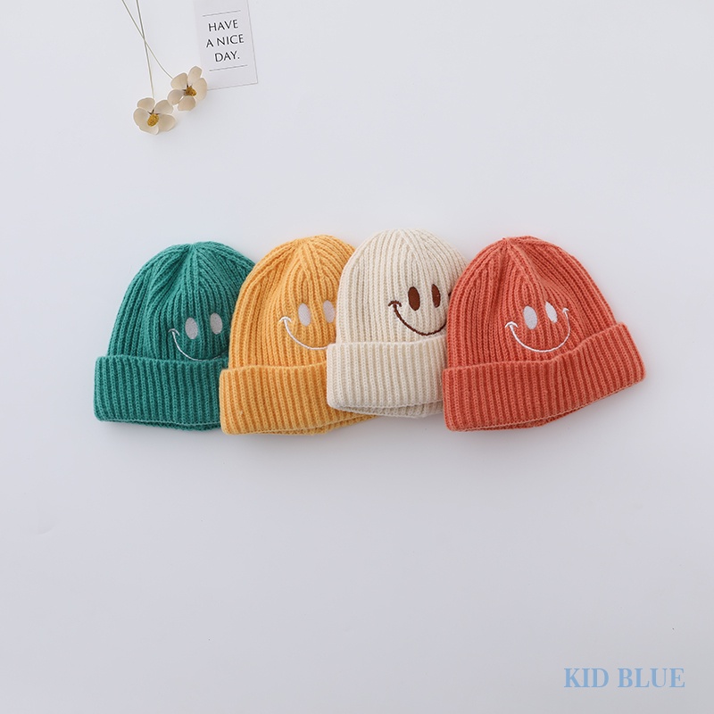 Mũ Len Ấm Áp Thêu Hình Mặt Cười Màu Sắc Ngọt Ngào Cho Bé