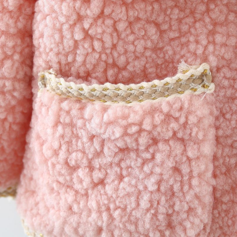 Áo khoác Mùa Đông Lông Xoắn Viền Ren Hai Túi Đắp Cho Bé Gái