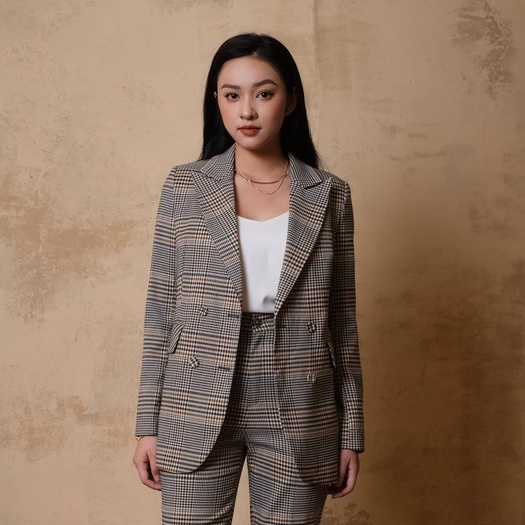 Áo Blazer nữ 2 lớp kẻ nâu vàng Donna - MAIIMER