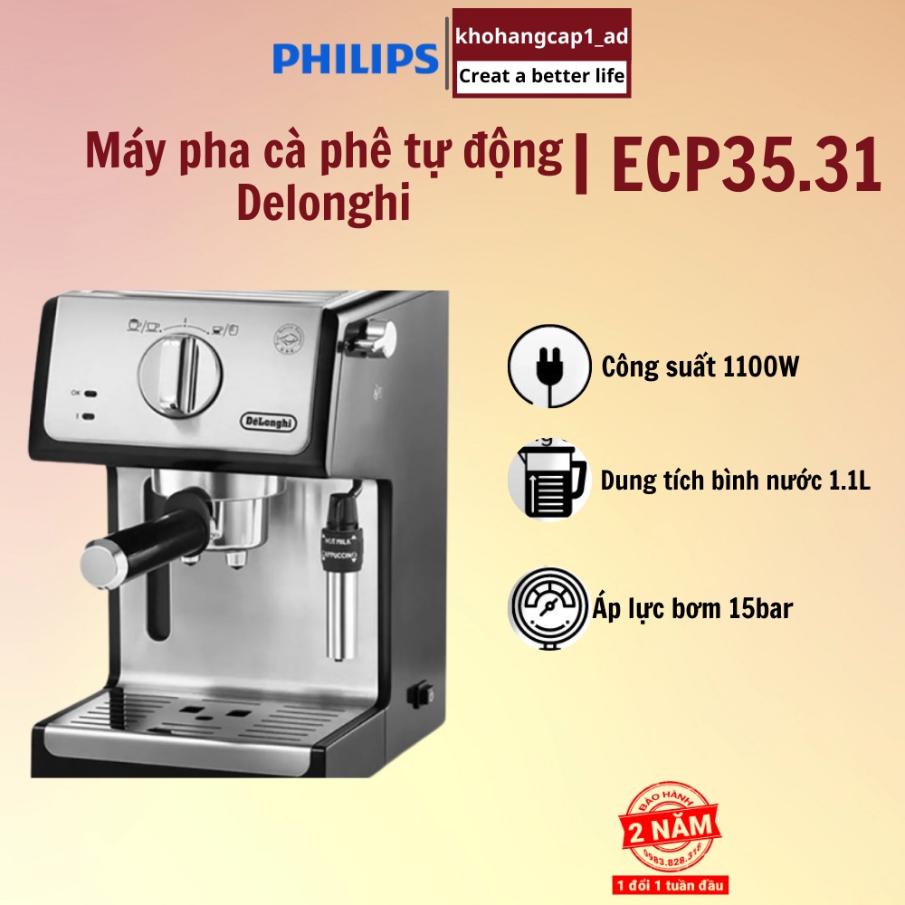 Máy pha cà phê Delonghi tự động cafe espresso tạo bọt capuchino ECP35.31 1100W - BH 12 tháng - khohangcap1_ad