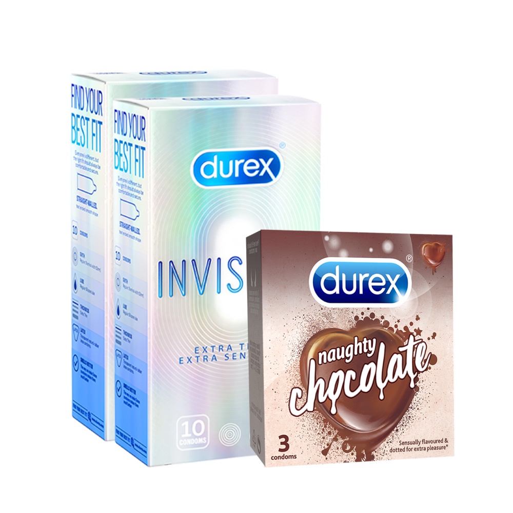 Bộ 2 hộp bao cao su Durex Invisible siêu mỏng (52mm, 10 bao/hộp)+ 1 Durex Naughty Chocolate hương choco (52mm,3 bao/hộp)