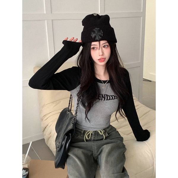 COZOK Áo Thun Lửng Tay Dài Dáng Ôm Thêu Chữ Màu Sắc Tương Phản Dễ Thương