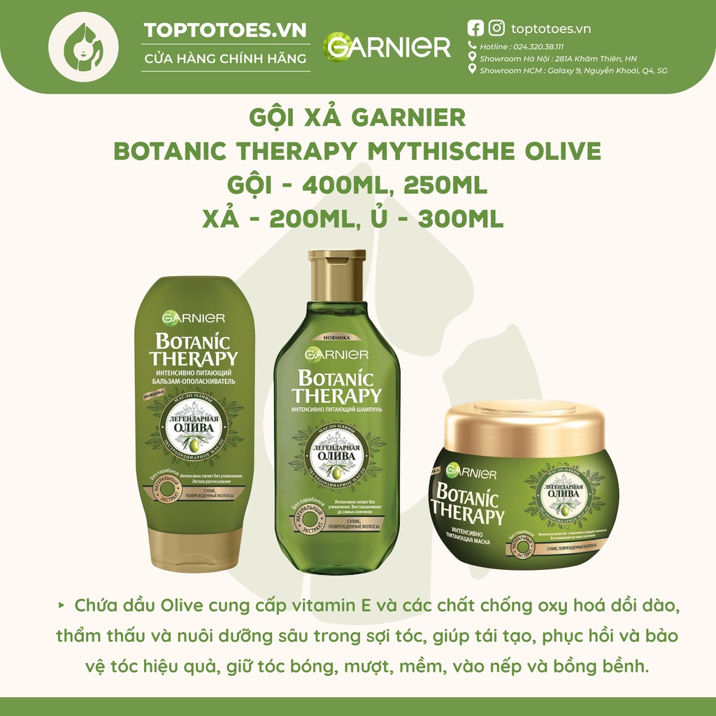 Gội xả ủ Garnier Botanic Therapy Mythische Olive phục hồi sâu tóc hư tổn, làm tóc bóng mềm