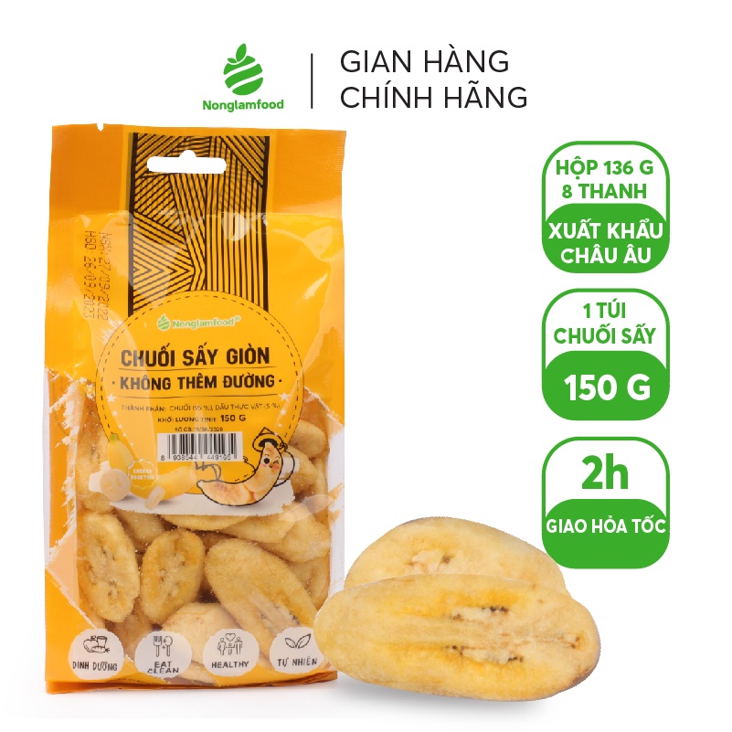 Chuối sấy giòn KHÔNG THÊM ĐƯỜNG Nonglamfood túi 150g | Banana Chips | Đồ ăn vặt dinh dưỡng, thơm ngon