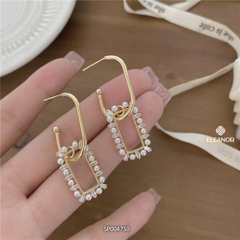 Bông tai nữ chuôi bạc 925 Eleanor Accessories dáng chữ nhật đính ngọc trai nhân tạo phụ kiện trang sức 4750