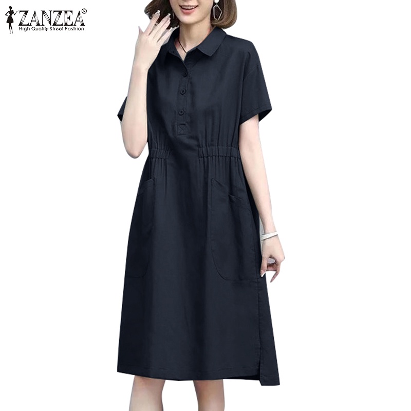 Đầm dài ZANZEA tay ngắn cổ bẻ thời trang nữ