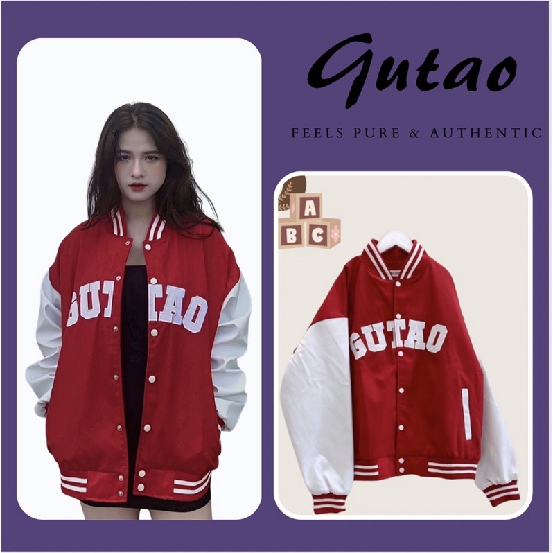 Áo khoác bomber varsity GUTAO màu đỏ, chất liệu dù ép cao cấp 3 lớp cho nam nữ
