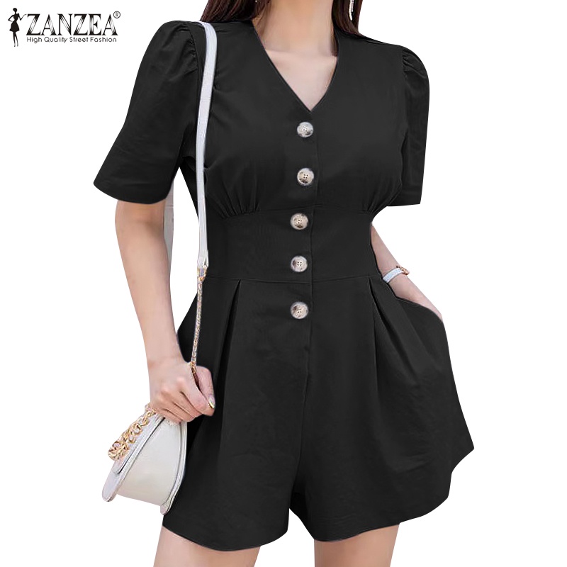 Áo liền quần ZANZEA tay ngắn cổ chữ V màu trơn thời trang dành cho nữ