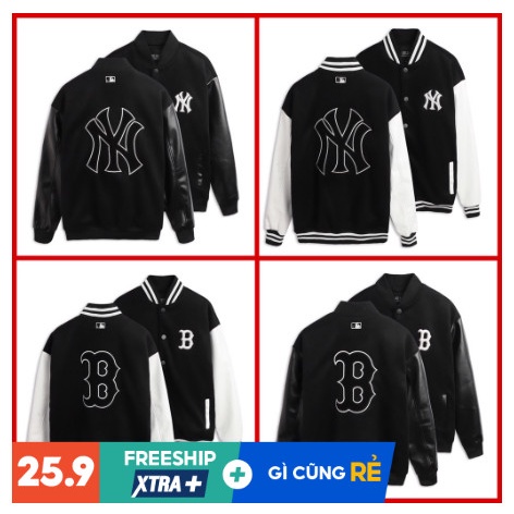 **Áo Khoác Bomber MLB NY, Áo Khoác Varsity MLB vải nỉ tay da unisex*