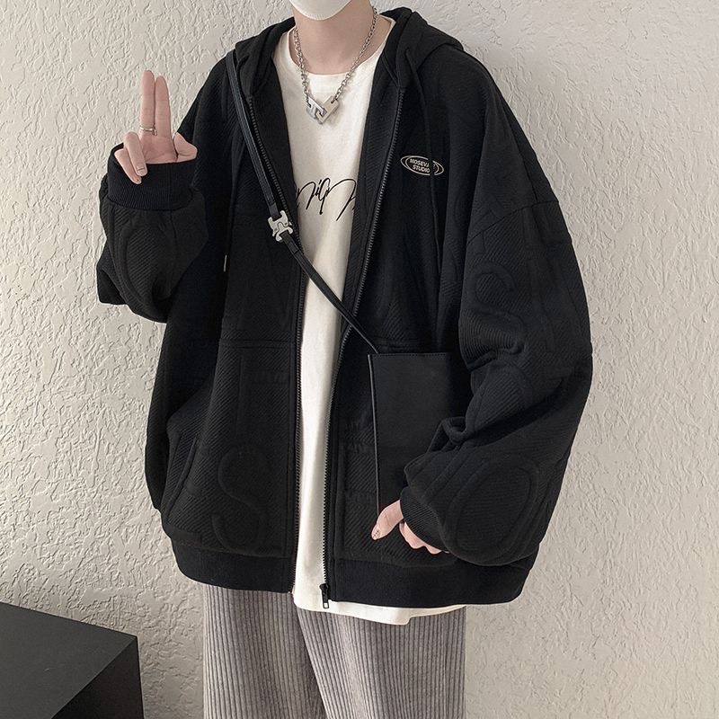 Áo hoodie khóa kéo form rộng chùm mông unisex nổi vân ICON ngực Hàn Quốc