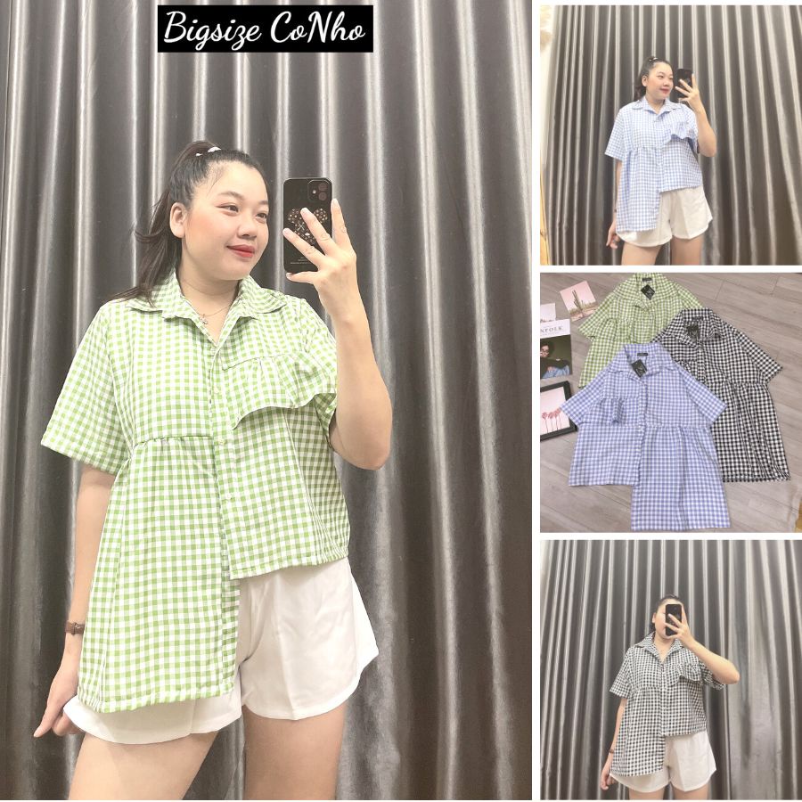 Áo sơ mi bigsize nữ caro form rộng tay ngắn tà lệch phong cách tôn dáng che bụng từ 60-97kg AK6