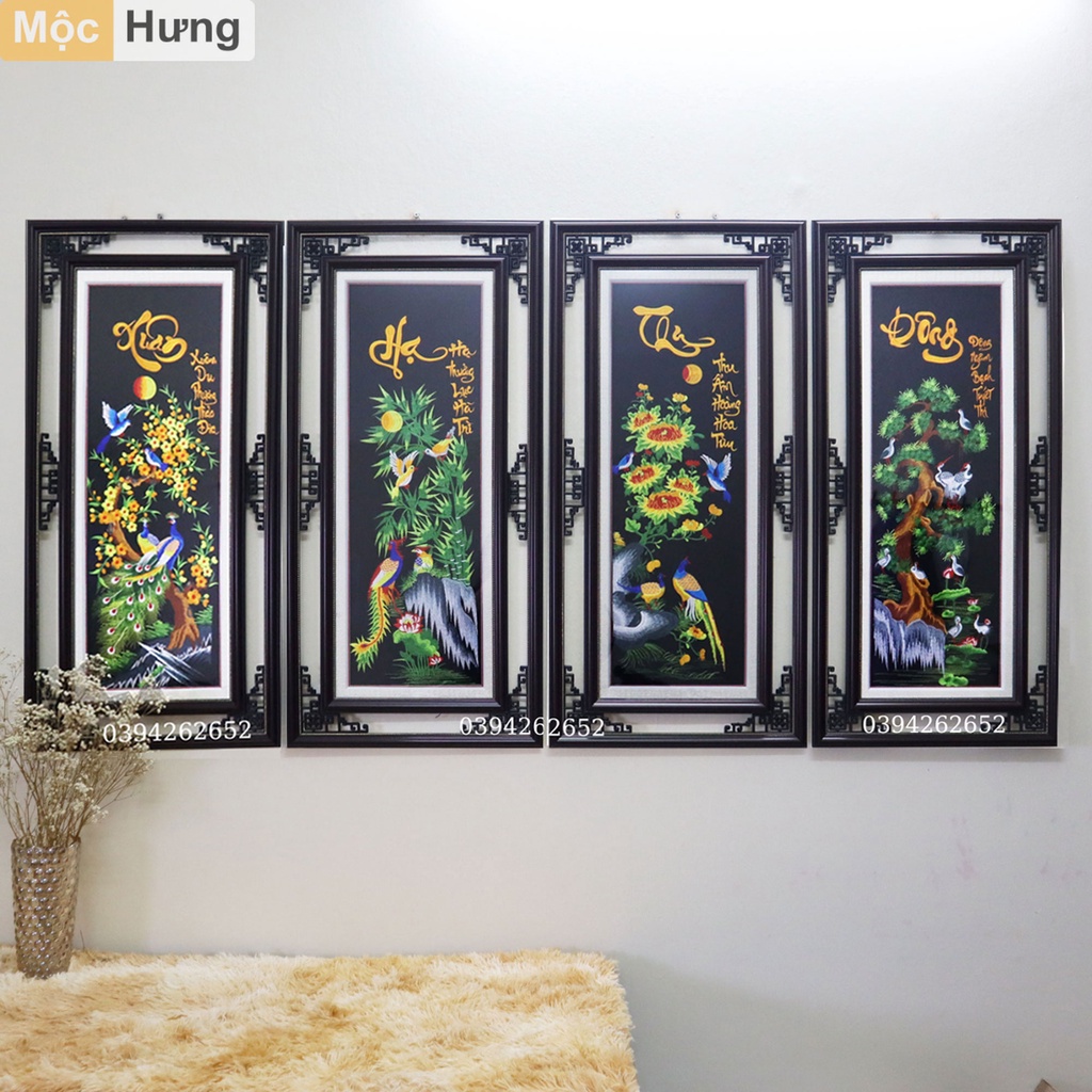 Tranh Thêu Tứ Quý - Xuân Hạ Thu Đông | Mẫu Cổ Kép | Loại Cao Cấp