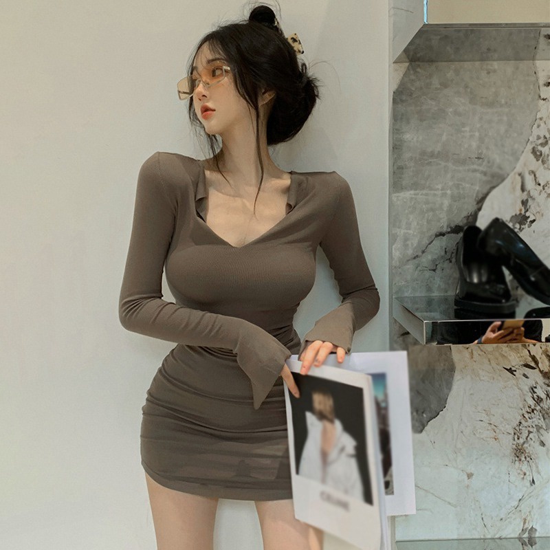 Đầm Tay Dài Cổ Chữ V Màu Sắc Thanh Lịch