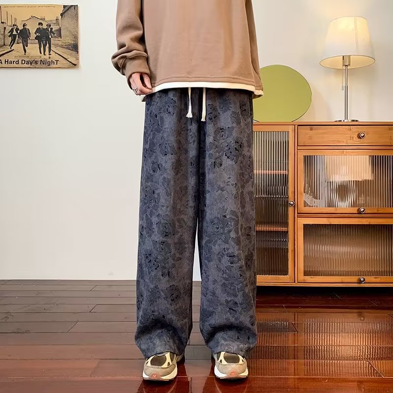 Quần Dài Dây Rút Ống Suông Rộng In Họa Tiết Phong Cách Hong Kong Cổ Điển Thời Trang Xuân Thu Cho Nam Size M-3XL