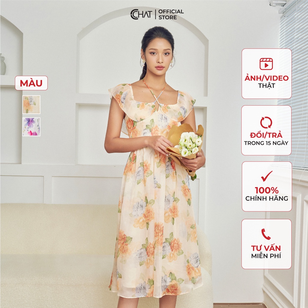 Đầm Nữ 𝐂𝐂𝐇𝐀𝐓 Kiểu Họa Tiết Xòe Cổ Dập Ly Chất Voan Cao Cấp 12VNV5035XT
