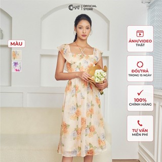 Đầm Nữ 𝐂𝐂𝐇𝐀𝐓 Kiểu Họa Tiết Xòe Cổ Dập Ly Chất Voan Cao Cấp 12VNV5035XT