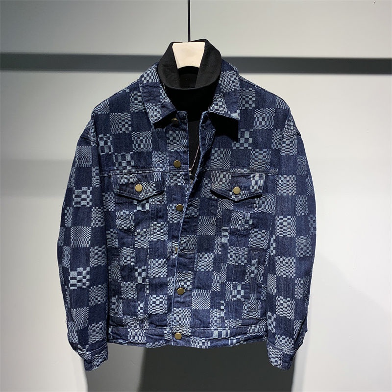 Real Shot Hàng Có Sẵn Áo Khoác Denim Họa Tiết Kẻ Sọc Caro Phong Cách Jacquard Nhật Bản Thời Trang Cho Nam