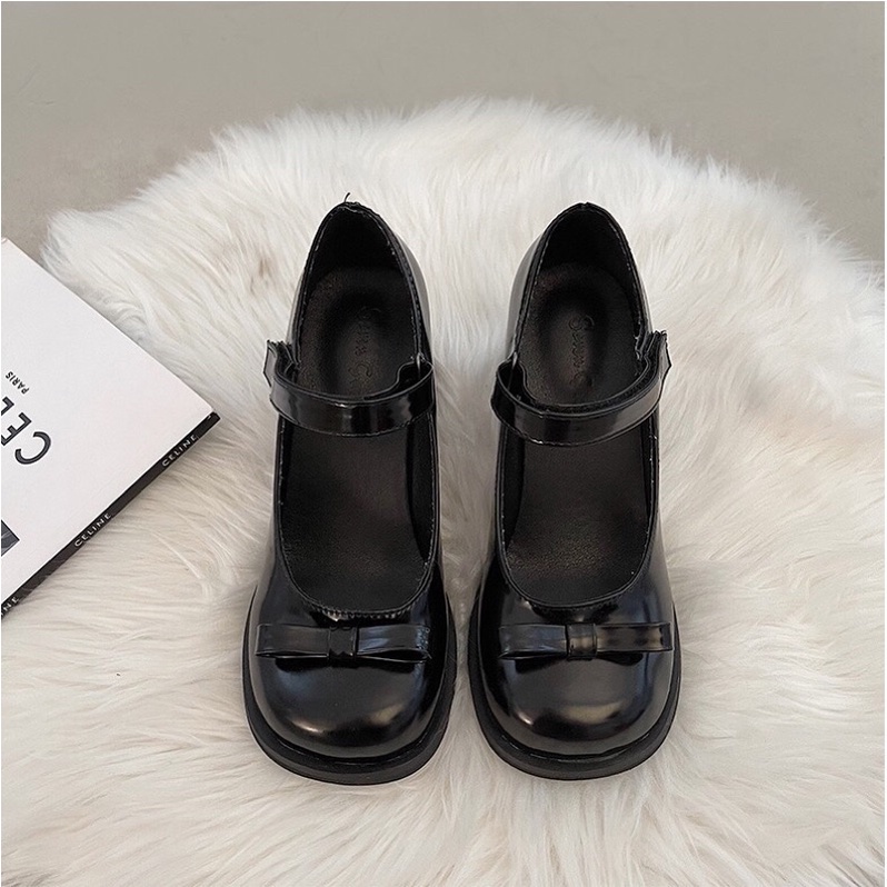 Giày cao gót Lolita mũi tròn đính nơ 7,5cm Giày Mary Jane