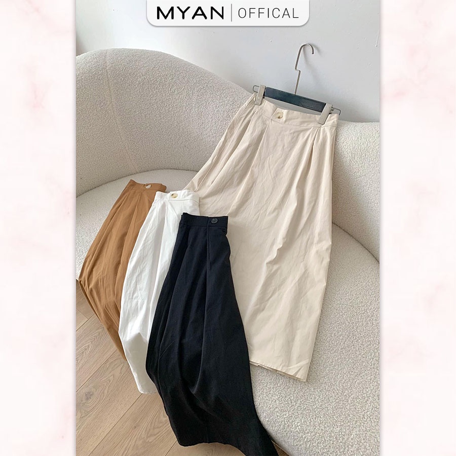 Chân Váy Chữ A Dáng Dài Cạp Chun MYAN Thiết kế 1 Cúc Lệch Lưng Chun Co Giãn (Đen, Be, Nâu, Xanh) V032306(5m-5316)
