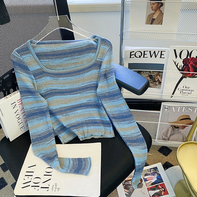 Áo Sweater Dệt Kim Tay Dài Dáng Ôm Kẻ Sọc Màu Sắc Tương Phản Thời Trang Mùa Thu Cho Nữ