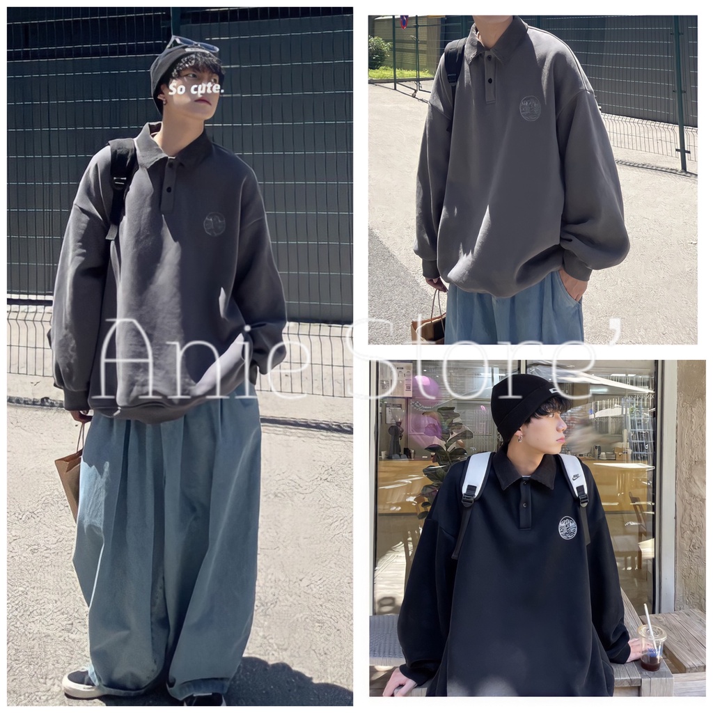 Áo Sweater Nỉ Unisex Logo Ngực 🦋 Áo Thun Polo Nam Nữ Dài Tay 2 Màu 🦋