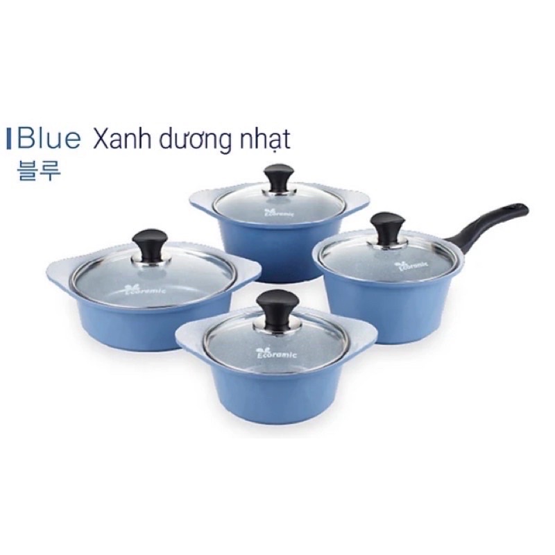 ECORAMIC - Bộ 4 nồi ceramic Hàn Quốc cao cấp (Không xài bếp từ) - Màu Xanh