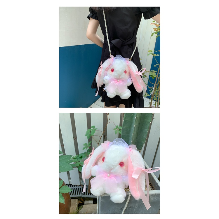 Túi Đeo Chéo Hình Thỏ Nhồi Bông Phối Dây Xích Đính Ngọc Trai Phong Cách Lolita Nhật Bản Dễ Thương