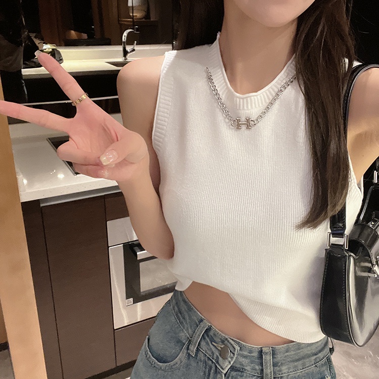 Áo dệt kim SUXI sát nách cổ tròn màu trơn phối dây xích dễ thương