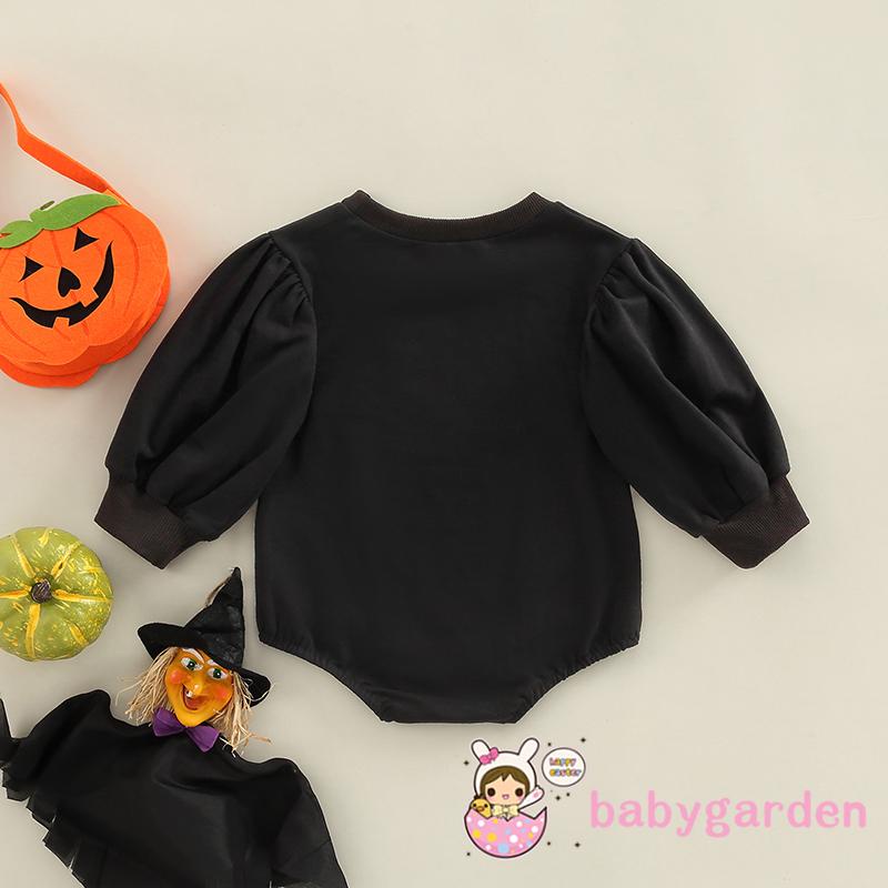 Bộ Áo Liền Quần Tay Phồng Cổ Tròn In Chữ Và Quả Bí Ngô Thời Trang Halloween Cho Bé 0-24 Tháng Tuổi