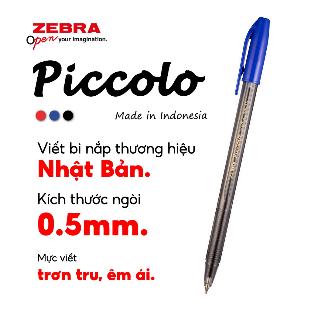 Viết bi nắp Piccolo 0.5mm xanh/đen/đỏ - Zebra [Chính hãng] - 1 cây