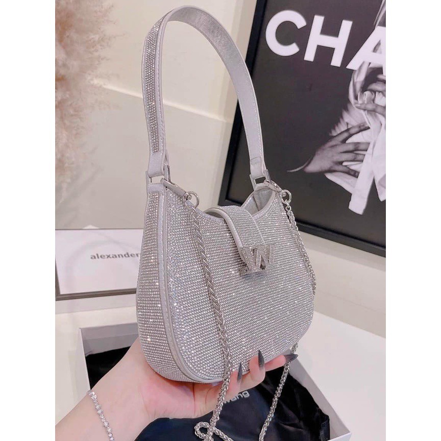 Túi Xách Nữ, kẹp nách đính đá W kèm dây xích sang chảnh,💖FREESHIP💖,size 23cm
