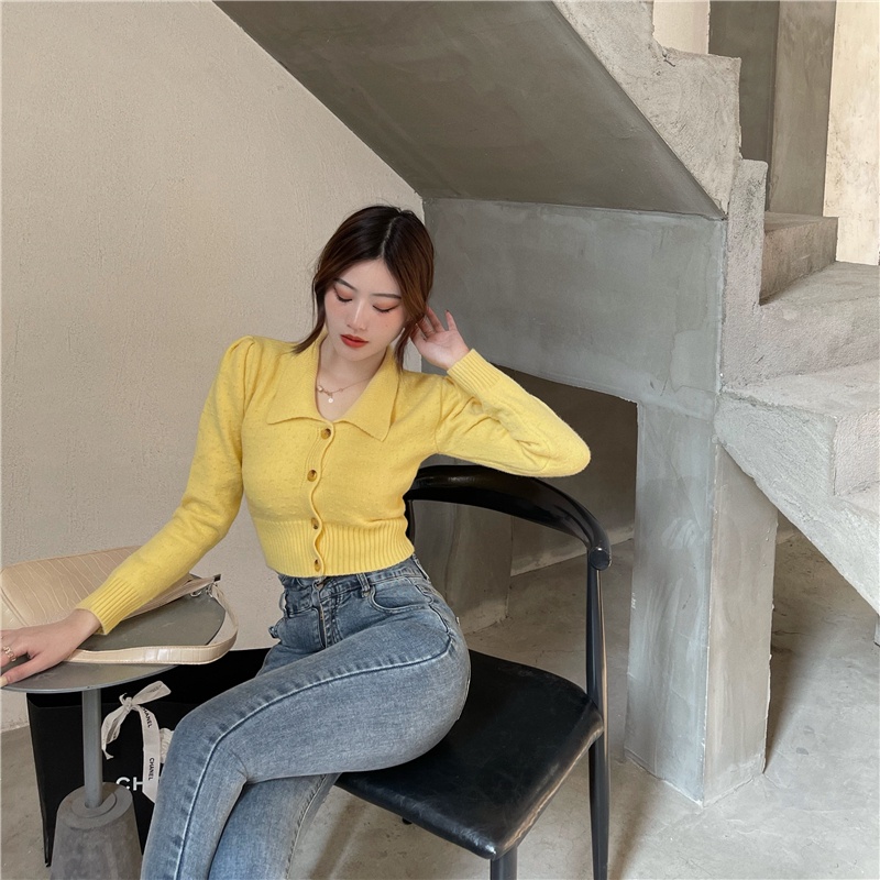 Áo cardigan ZHELIHANGFEI dệt kim tay dài cổ bẻ dáng ôm eo cao kiểu Pháp quyến rũ