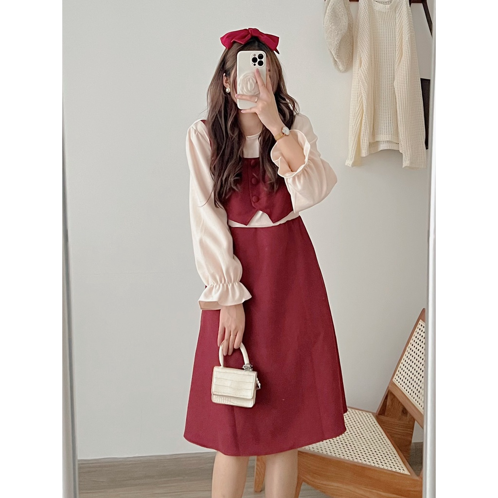 Váy Đầm Nhung Dáng Dài Giả Gille Tay Dài Tiểu Thư Đầm Nữ Phong Cách Hàn Quốc | Smide Clothing