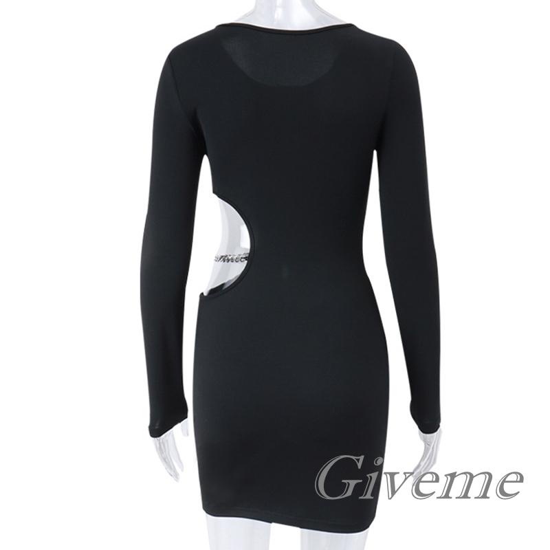 Đầm Ngắn Cổ Tròn Tay Dài Màu Trơn Phối Dây Xích Kim Loại Thời Trang Mùa Thu Cho Nữ