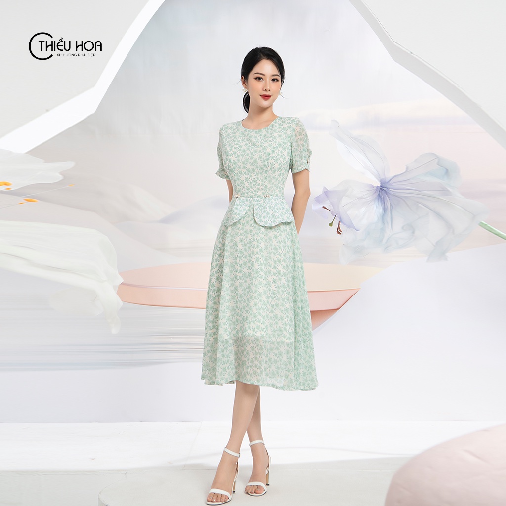 Đầm thiết kế cho nữ trung niên, màu xanh thời thượng, bắt mắt, nút ngọc sáng trọng lịch sự Thiều Hoa L0810
