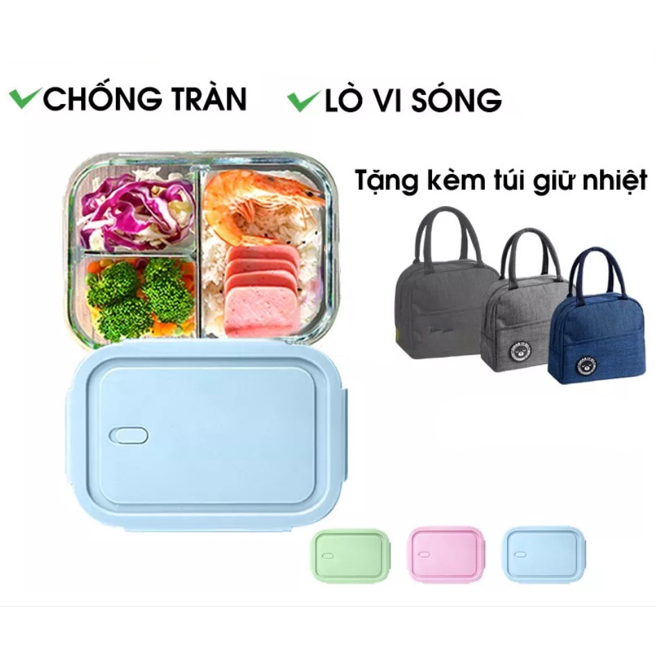 Hộp cơm thủy tinh 3 ngăn nắp khóa chống tràn 1000ml tặng kèm túi giữ nhiệt loại 1 chịu nhiệt lên đên 400 độ c