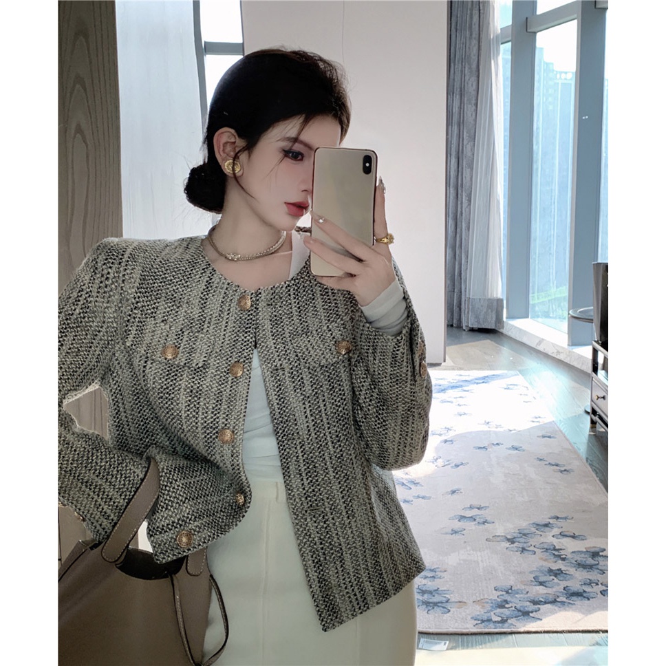 (ORDER) Áo khoác dạ tweed cao cấp màu xám loang cổ tròn cài khuy sang trọng Hàn Quốc