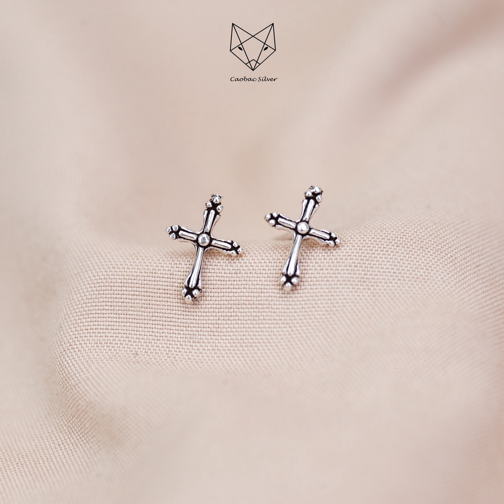 Khuyên Tai Bạc Nữ CaoBac Silver Chất Liệu Bạc Thái Cao Cấp Thiết Kế DánG Chữ Thập Cá Tính Unisex Độc Đáo
