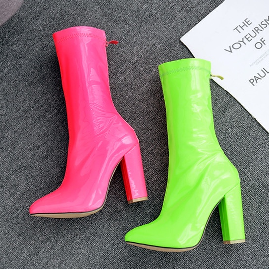 Bốt Cao Gót 3.94 Inch Bằng Da Màu Xanh Lá Dạ Quang Thời Trang Cho Nữ (Size 35-40)