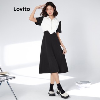 113XJ Áo khoác ngắn cổ Colorblock thường Dây kéo xẻ tà phía trước Váy Lovito phụ nữ L33AD088 (Đen trắng)
